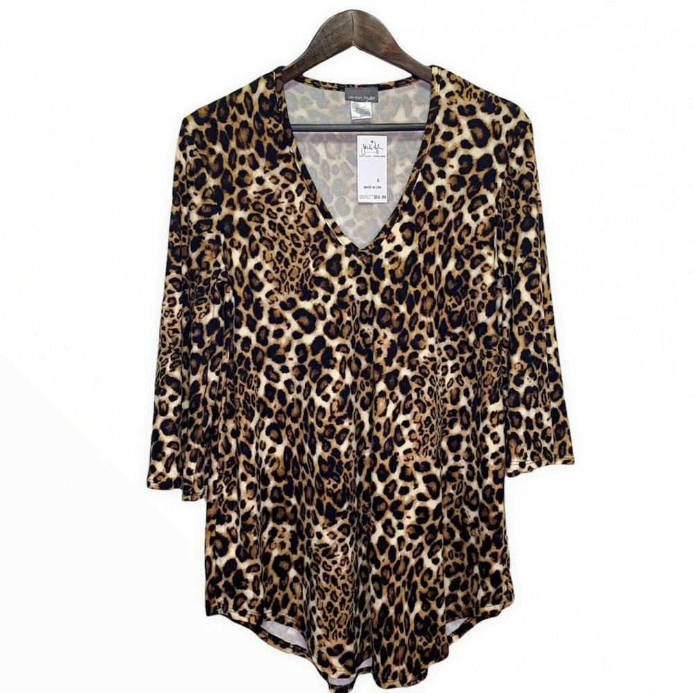 Jordan Taylor Women's Size S Artsy Cheetah Tunic Top Blouse V-Neck Brown Beige